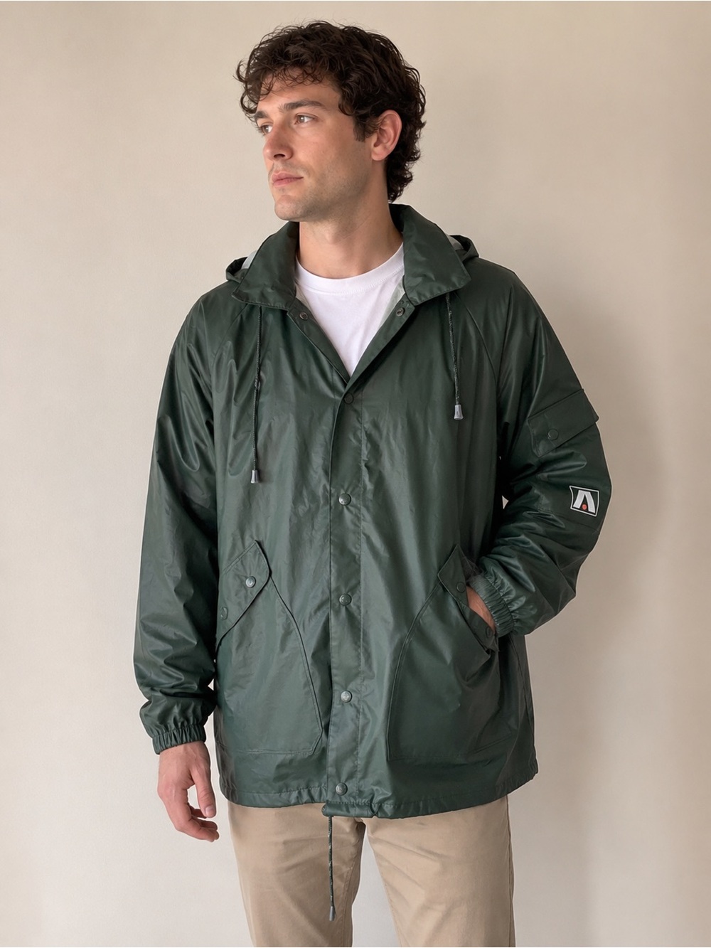 Vintage Academy Broadway Corp Hooded Long Rain Coat Jacket Green Men Size M